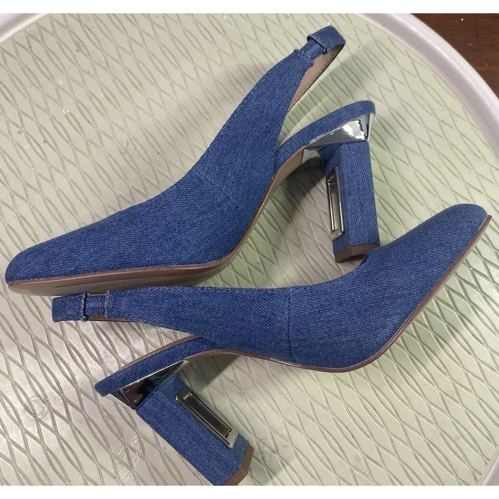 Katy Perry Women Denim Blue Dress Shoes Sling Back Silver Hollow Heel 5.5 M